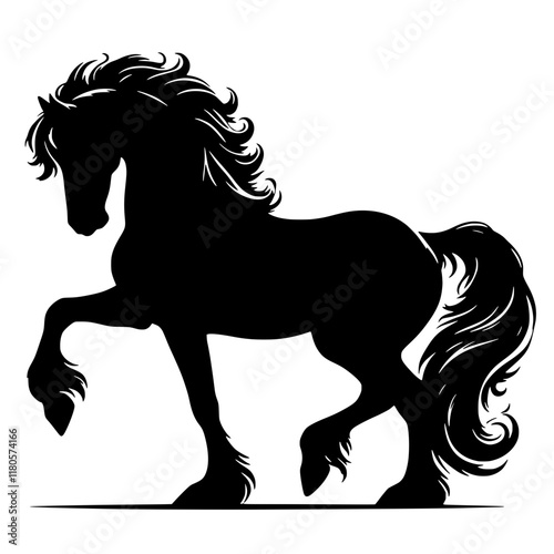 Black Stallion Silhouette: A majestic black stallion stands proudly in a captivating silhouette, embodying grace, power, and freedom.  Its flowing mane and tail, and raised front leg.