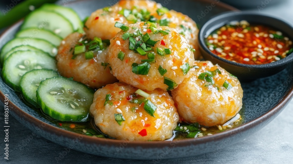 Pempek fish cakes with sweet and sour vinegar sauce, arranged elegantly with cucumber slices, Pempek fish cakes with sweet and sour vinegar sauce, arranged elegantly with cucumber slices,
