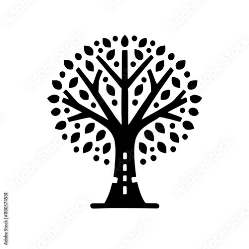 Tree with Road Icon: Simple, modern, and abstract design of a tree with a road running through its trunk, symbolizing growth, progress, and the journey ahead.