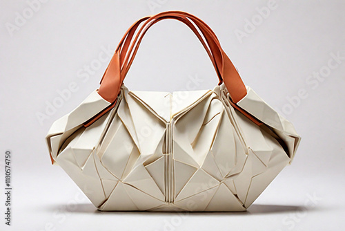A handbag that can fold into a compact shape, expanding when needed like a flexible, origami-inspired design.with white background