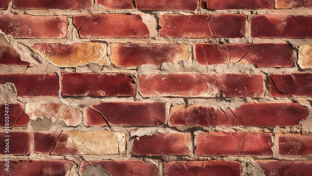 Obraz premium Cracked red brick wall with weathered texture