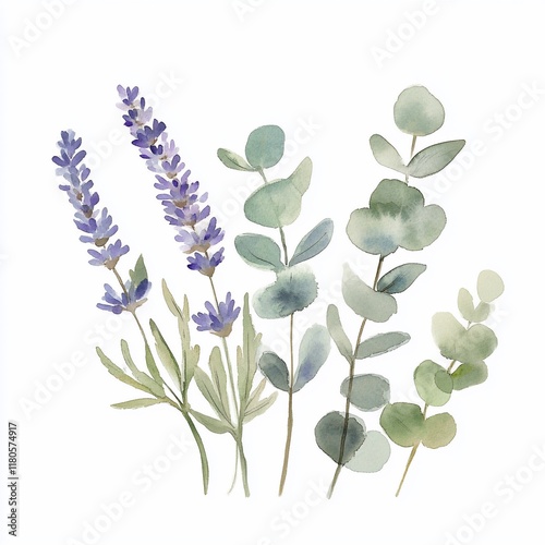 Watercolor Lavender and Green Leaves Illustration