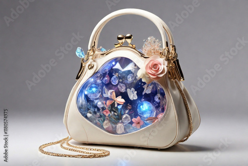 A handbag that houses an enchanted pocket dimension, where you can store and retrieve items with the thought alone, no matter how large.with white background