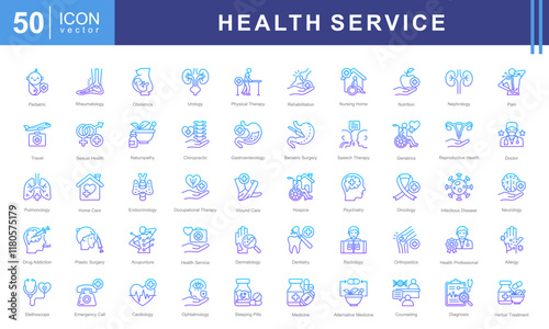 Health Service icon represents medical care, wellness, Pediatric, Rheumatology, Obstetrics, Urology, Physical Therapy, and support for health-related needs.