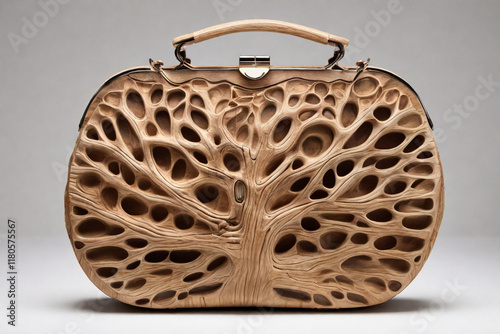 A handbag that mimics the look of a tree trunk, with bark-like textures that gradually change to reveal hidden compartments. with whitebackground