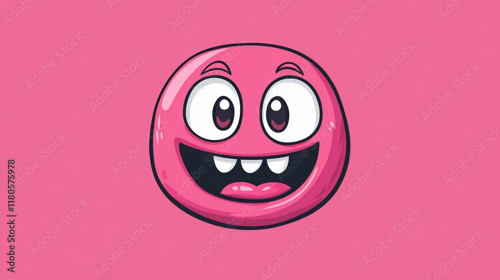 Happy pink cartoon emoticon with big eyes and wide smile on pink background. Happy pink cartoon emoticon with big eyes and wide smile on pink background.