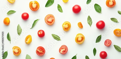 Wallpaper Mural Colorful Assortment of Fresh Cherry Tomatoes and Basil Leaves Arranged on a Bright Background, Showcasing Vibrant Colors and Natural Ingredients Torontodigital.ca
