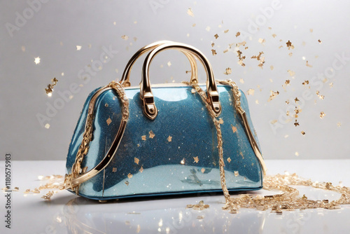 A handbag that shimmers with stardust, leaving a trail of sparkles behind you as you walk, like a comet.with whitebackground