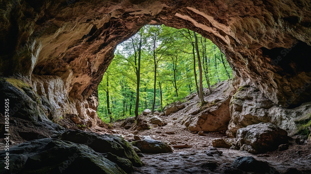 Cave entrance revealing lush forest. Cave entrance revealing lush forest.