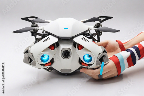 A handbag that transforms into a mini drone, floating beside you when your hands are full.with white background