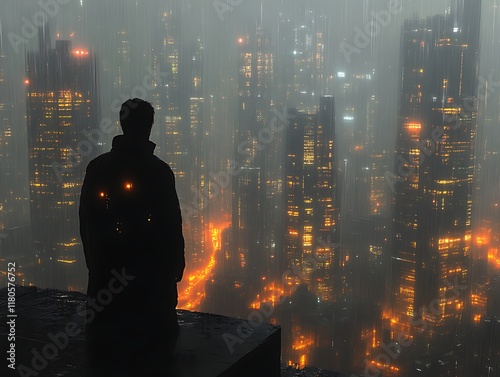 Man silhouetted against a futuristic rain-soaked city at night. photo