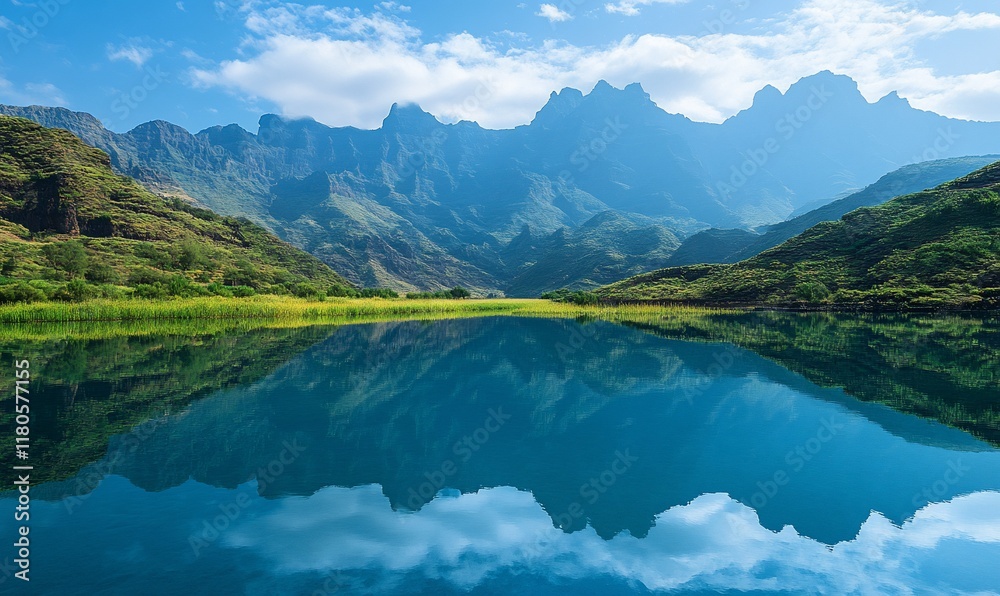 Obraz premium Mountain lake reflection, serene landscape, travel poster