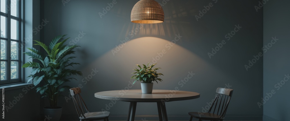 Modern dining room with circular table and indoor plants under soft lighting Modern dining room with circular table and indoor plants under soft lighting