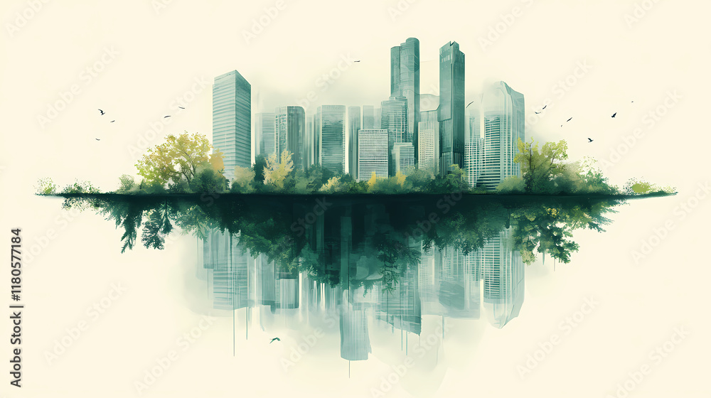 Fototapeta premium Floating city, conceptual illustration. Leafveil. Illustration