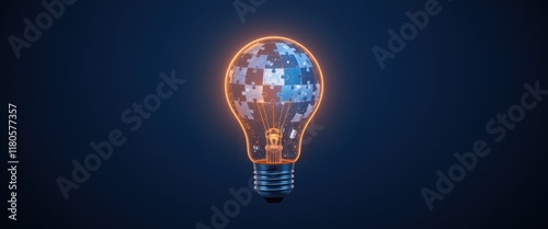Puzzle light bulb glowing with innovation and creativity on blue background