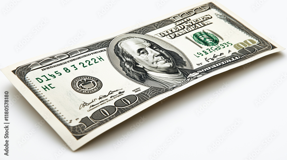 One Hundred Dollar Bill: A crisp, new hundred dollar bill, showcasing the iconic portrait of Benjamin Franklin. Close up view of the US currency.  