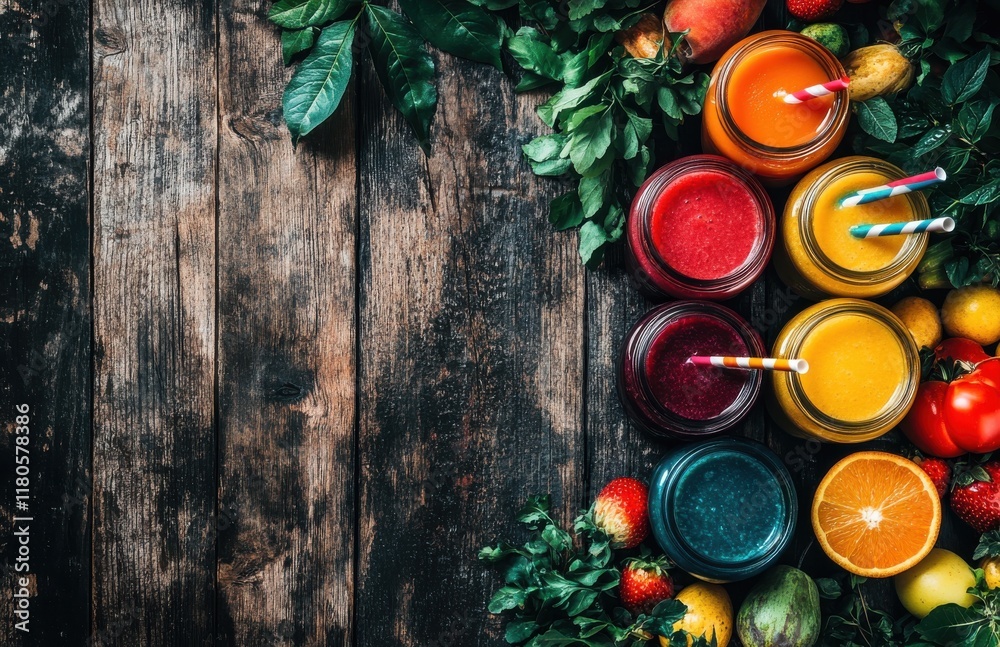 Colorful Jars of Fresh Juices Surrounded by Vibrant Fruits and Greenery on Rustic Wooden Table, Ideal for Healthy Lifestyle and Refreshing Drink Themes Colorful Jars of Fresh Juices Surrounded by Vibrant Fruits and Greenery on Rustic Wooden Table, Ideal for Healthy Lifestyle and Refreshing Drink Themes