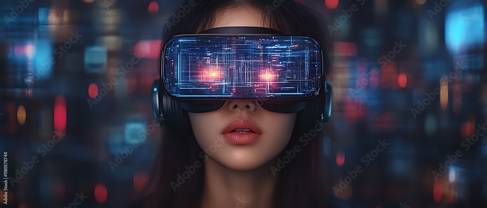 Woman in VR headset, futuristic interface. Woman in VR headset, futuristic interface.