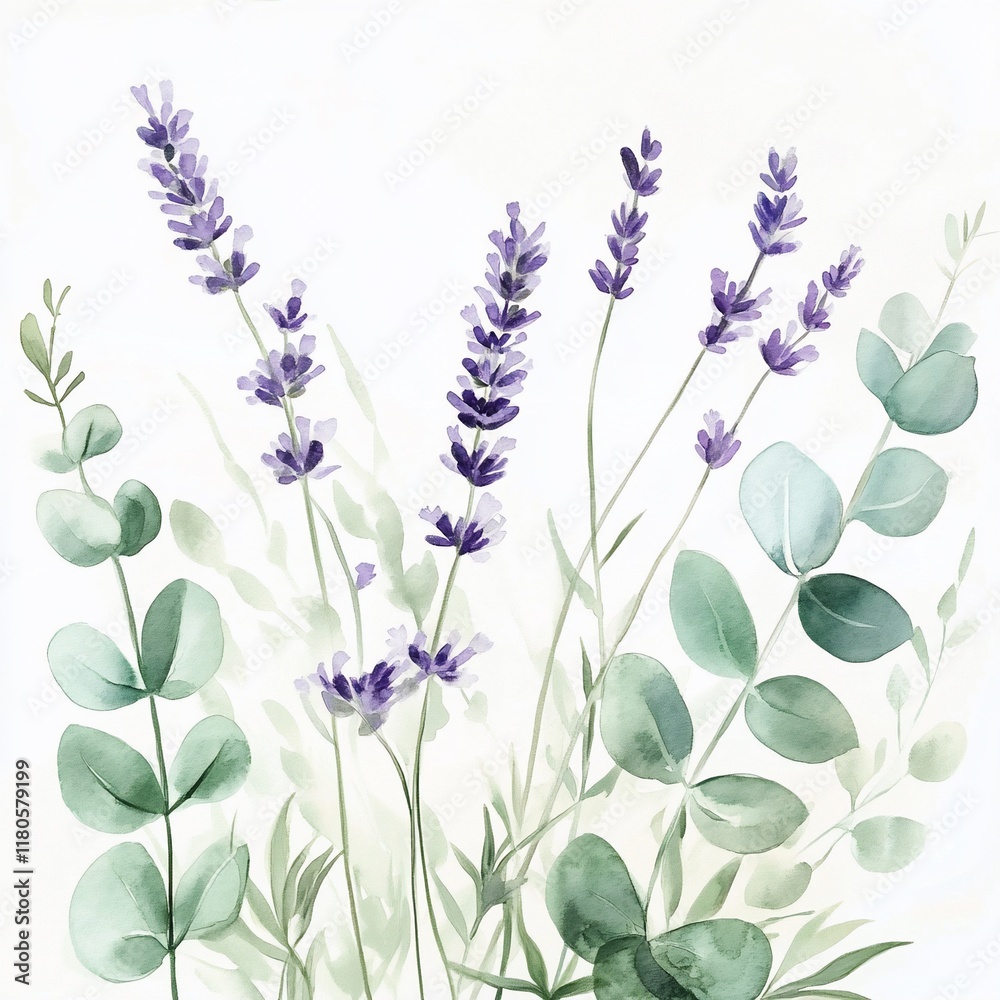 Naklejka premium Watercolor Lavender and Greenery Illustration