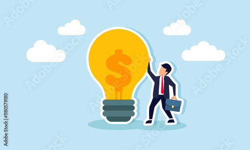 A businessman stands beside a lamp labeled with a dollar sign, illustration of creativity and business innovation as key factors in increasing business revenue