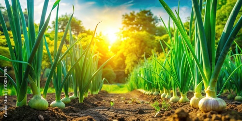 Candid Photography of Fresh Cebolinha in a Lush Garden Setting - Vibrant Green Onions Growing in a Vegetable Patch Under Natural Light, Showcasing Organic Farming and Healthy Eating photo