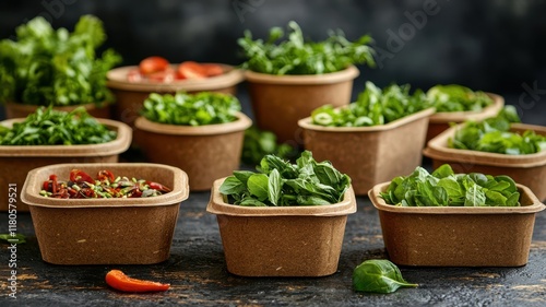 Fresh herbs and greens are displayed in eco-friendly containers, showcasing vibrant colors and textures, perfect for culinary creations. photo