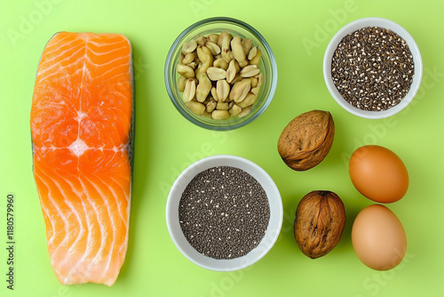Keto Diet Healthy Food Concept with Salmon Avocado Eggs Nuts Seeds on Bright Green Background Top View






