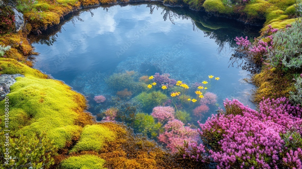 Serene mountain pool with vibrant aquatic plants and colorful moss. Serene mountain pool with vibrant aquatic plants and colorful moss.
