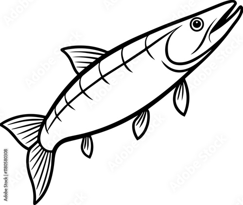 Black Line art of a Salmon Fish on a White Background - Vector Illustration