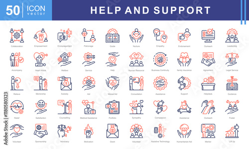 Help and support icon collection set. Containing assistance, service, aid, desk, guidance, relief, backing, Nurture, Empathy, Endorsement, Leadership and Accompany icon.