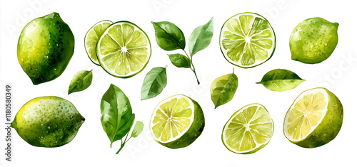 Watercolor limes illustration clipart, with a white background and different limes cut in half with leaves 