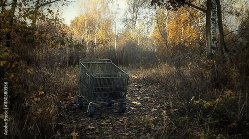 Abandoned Shopping Cart in Autumn Forest