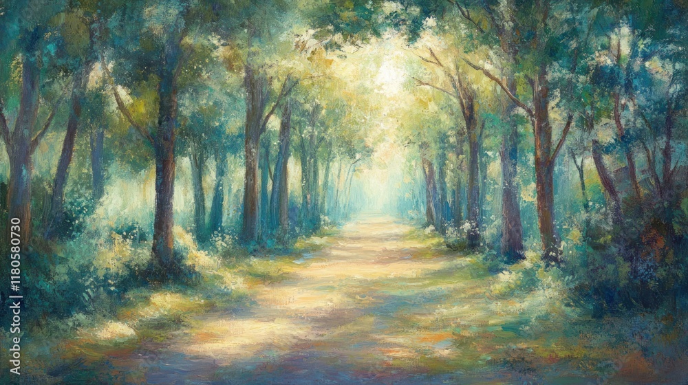 Fototapeta premium Sunlit path through a lush green forest.