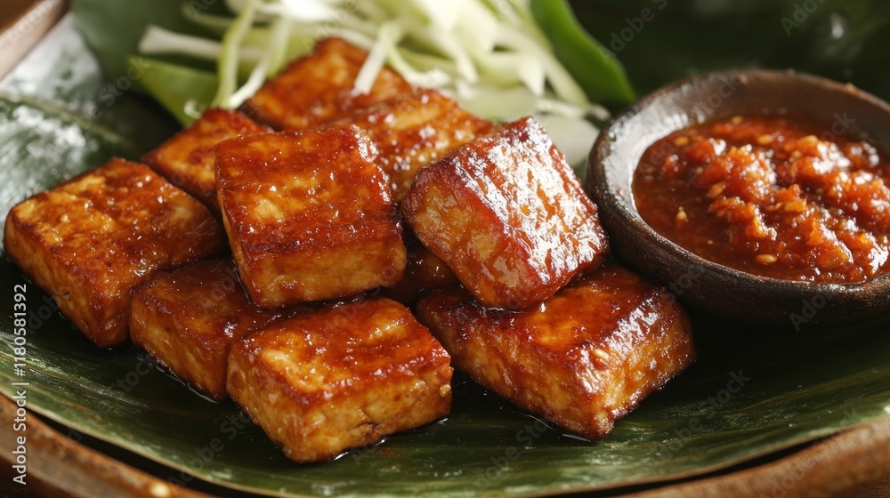 Tempeh Goreng with spicy sambal on the side, served on a traditional clay plate, Tempeh Goreng with spicy sambal on the side, served on a traditional clay plate,