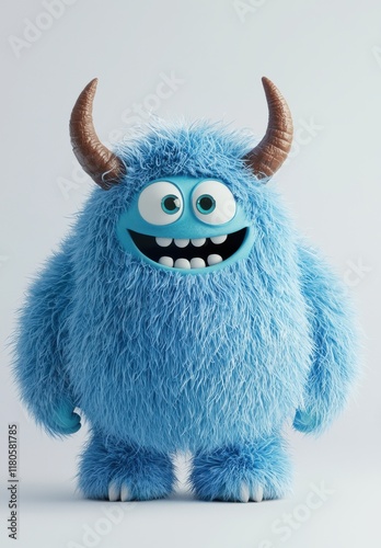 Adorable Blue Furry Monster Character with Horns and Big Smile Brings Joyful Whimsy.