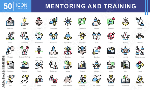 Mentoring and Training icon collection set. Containing development, learning, workshop, coach, mentor, curriculum, seminar icon.