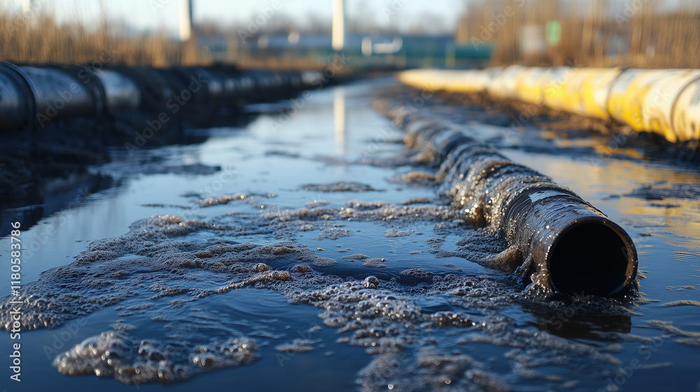 Dirty water flowing from pipe into river, creating chaotic scene Dirty water flowing from pipe into river, creating chaotic scene