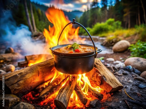 Cazuela Fuego Cocción: Outdoor Cooking Pot Photography, Campfire Cooking Images,  Camp Stove Recipes,  Adventure Food Preparation photo