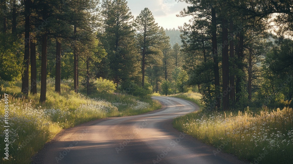 Fototapeta premium Winding road through a sunlit forest.