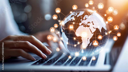 Close up view of laptop with person hand typing, featuring digital globe symbolizing global connectivity and communication, showcasing technology and networking