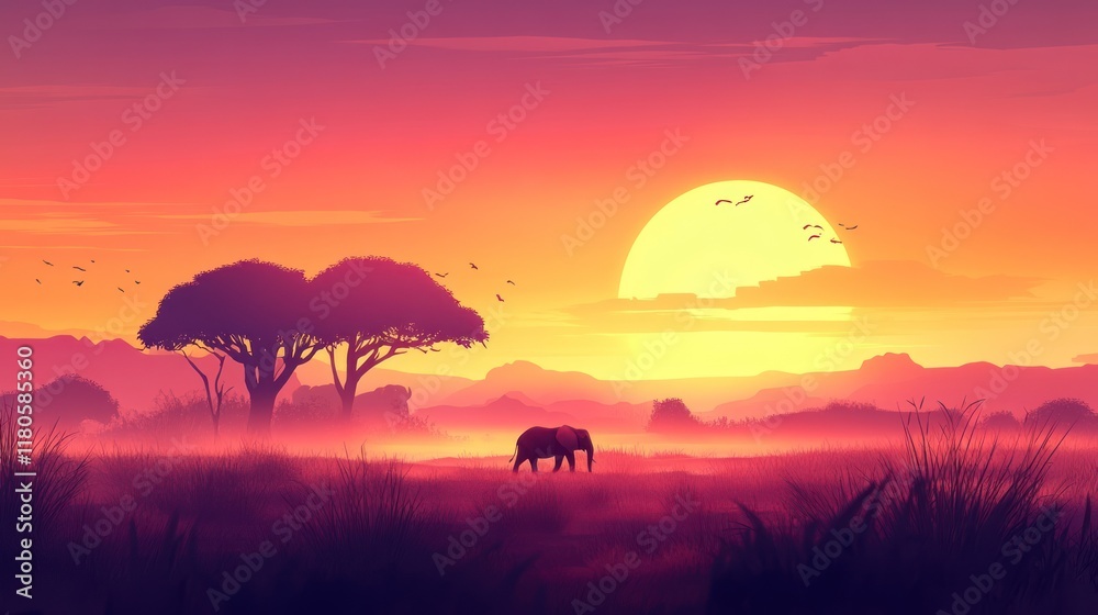 A serene sunset landscape featuring an elephant grazing under colorful skies. A serene sunset landscape featuring an elephant grazing under colorful skies.