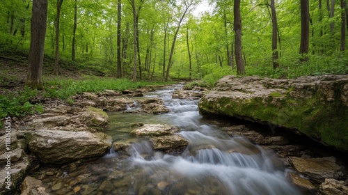 Serene creek flows through lush green forest.
