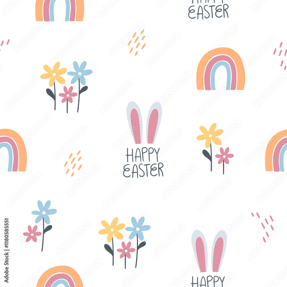 Fototapeta premium Easter pattern with different characters and other elements. Easter bunny, chicks, eggs and flowers, sheep, basket with eggs. Vector illustration.
