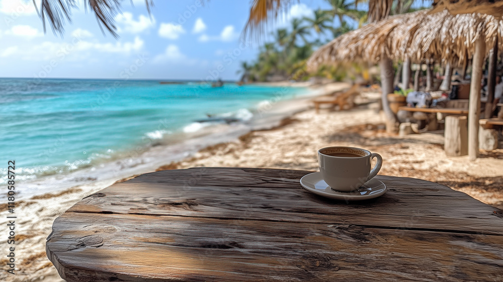 Tropical Beach Coffee: A cup of coffee sits on a rustic wooden table overlooking a pristine beach with turquoise water, palm trees, and a thatched-roof hut. Relaxation, paradise found. Tropical Beach Coffee: A cup of coffee sits on a rustic wooden table overlooking a pristine beach with turquoise water, palm trees, and a thatched-roof hut. Relaxation, paradise found.