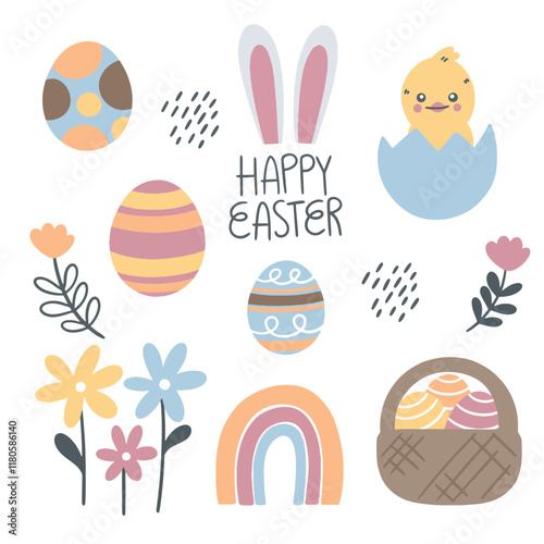 Set of cute Easter characters and elements. Easter bunny, chicks, eggs and flowers. Vector illustration.