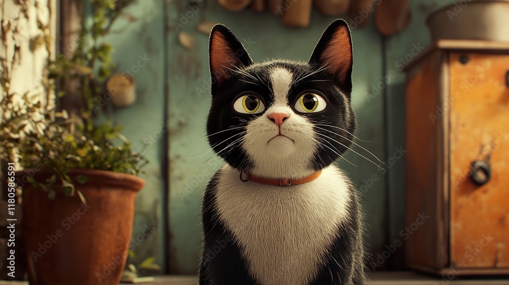 Adorable Tuxedo Cat in Rustic Home Setting