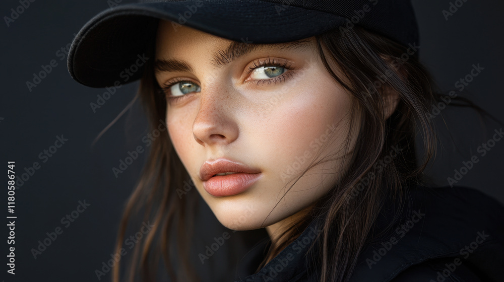 fashion model wearing black baseball cap, showcasing striking features and captivating eyes. image captures blend of elegance and urban style, perfect for fashion enthusiasts fashion model wearing black baseball cap, showcasing striking features and captivating eyes. image captures blend of elegance and urban style, perfect for fashion enthusiasts