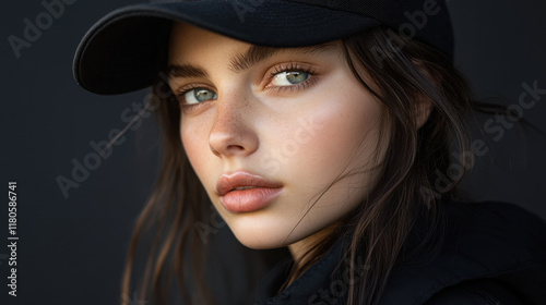 fashion model wearing black baseball cap, showcasing striking features and captivating eyes. image captures blend of elegance and urban style, perfect for fashion enthusiasts