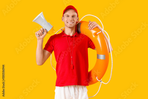 Male lifeguard with rescue ...