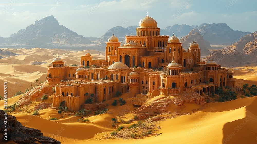 Fototapeta premium Golden desert palace nestled in dunes, mountains.